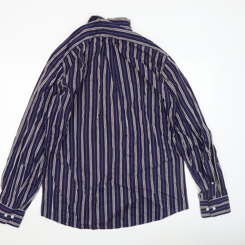 Façonnable Men's Blue Striped Long Sleeve Cotton Dress Shirt L