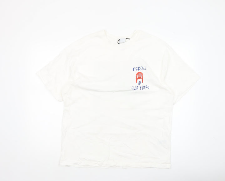 Bershka Women’s White Graphic T-Shirt Size L Beach Print Casual Top