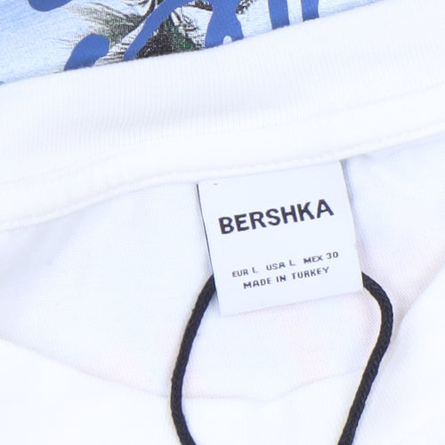 Bershka Women’s White Graphic T-Shirt Size L Beach Print Casual Top