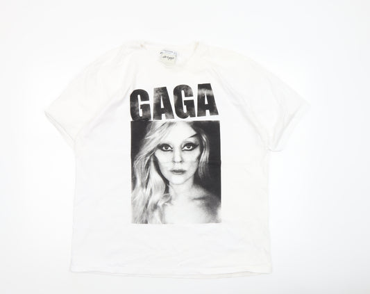 Stradivarius Women White Lady Gaga Graphic T-Shirt Size L 100% Cotton