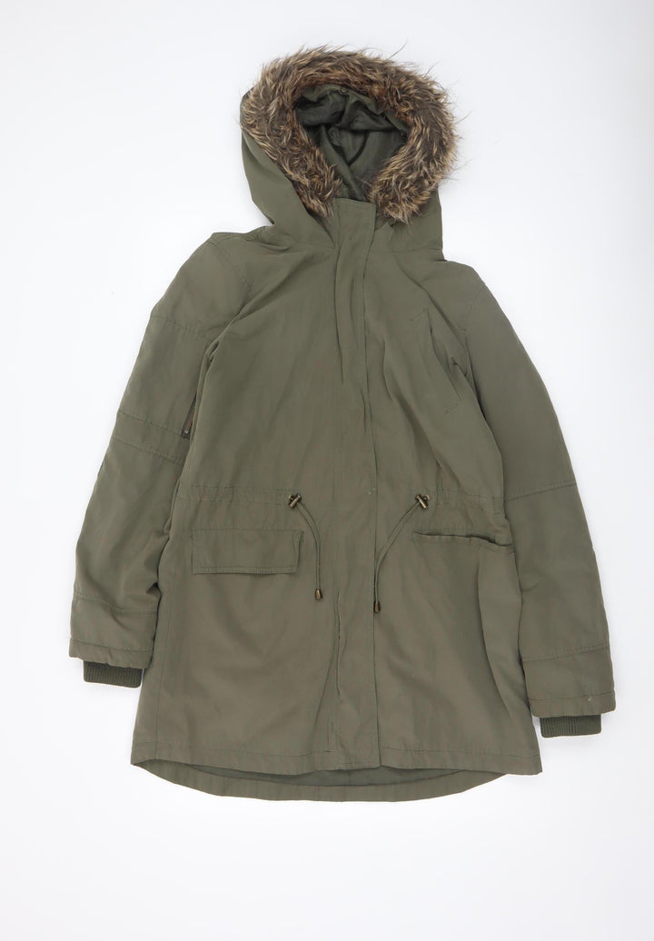 Oasis Women’s Green Parka Coat S Faux Fur Hooded Winter Jacket