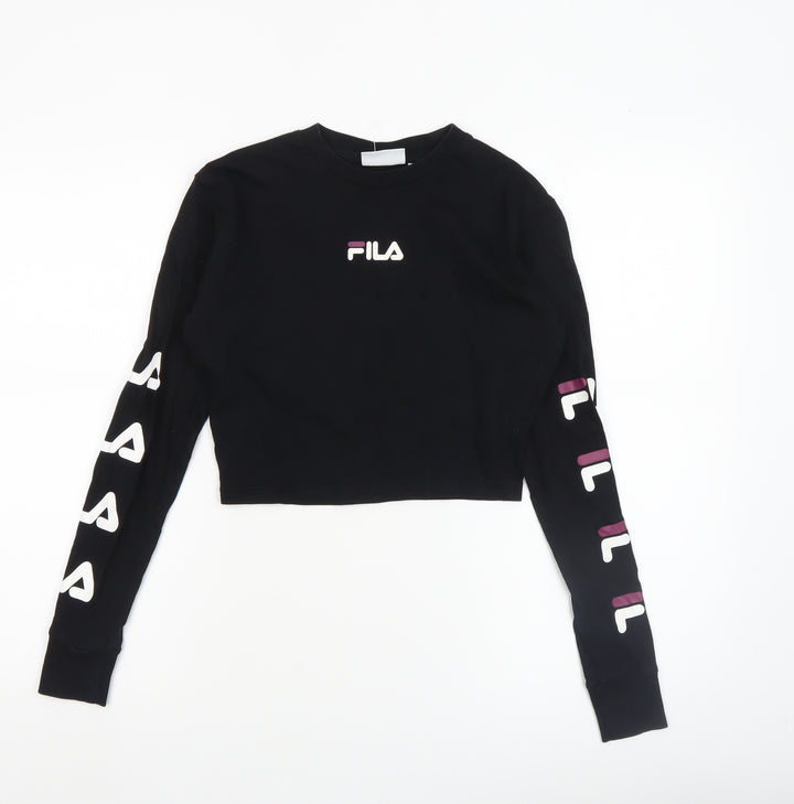 FILA Womens Black Cropped Long Sleeve Crew Neck T-Shirt Size 2XS