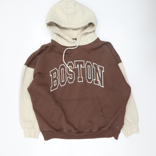 Pull&Bear Teens Brown Beige Boston Logo Pullover Hoodie Size S