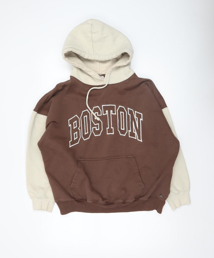 Pull&Bear Teens Brown Beige Boston Logo Pullover Hoodie Size S