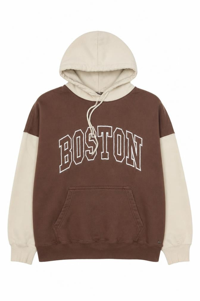 Pull&Bear Teens Brown Beige Boston Logo Pullover Hoodie Size S