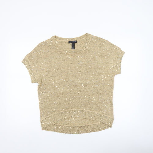 INC International Concepts Beige Sequin Knit Petite M Women's Short Sleeve Jumper