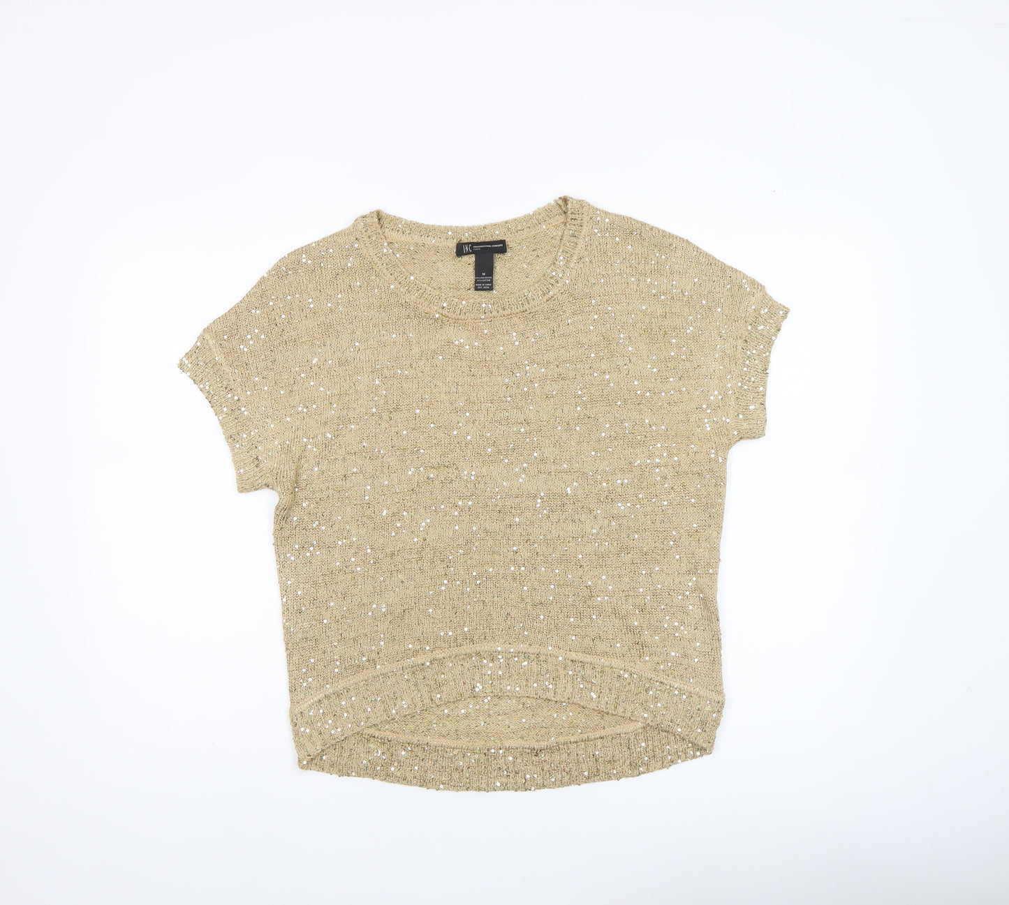 INC International Concepts Beige Sequin Knit Petite M Women's Short Sleeve Jumper