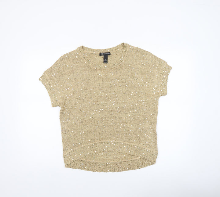 INC International Concepts Beige Sequin Knit Petite M Women's Short Sleeve Jumper