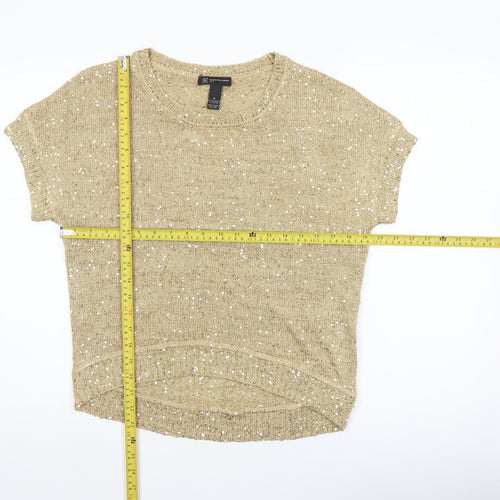 INC International Concepts Beige Sequin Knit Petite M Women's Short Sleeve Jumper
