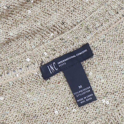 INC International Concepts Beige Sequin Knit Petite M Women's Short Sleeve Jumper
