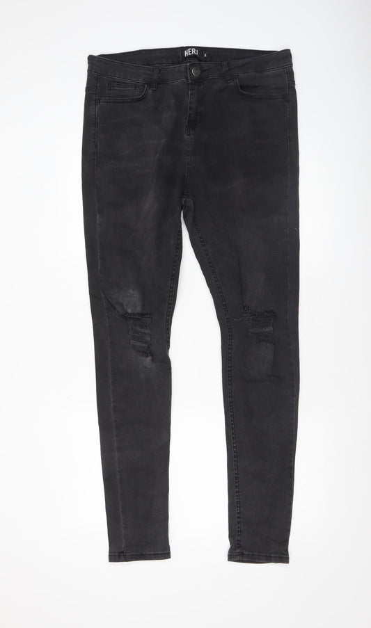 HERA Men's Black 34L Distressed Skinny Jeans Cotton Blend