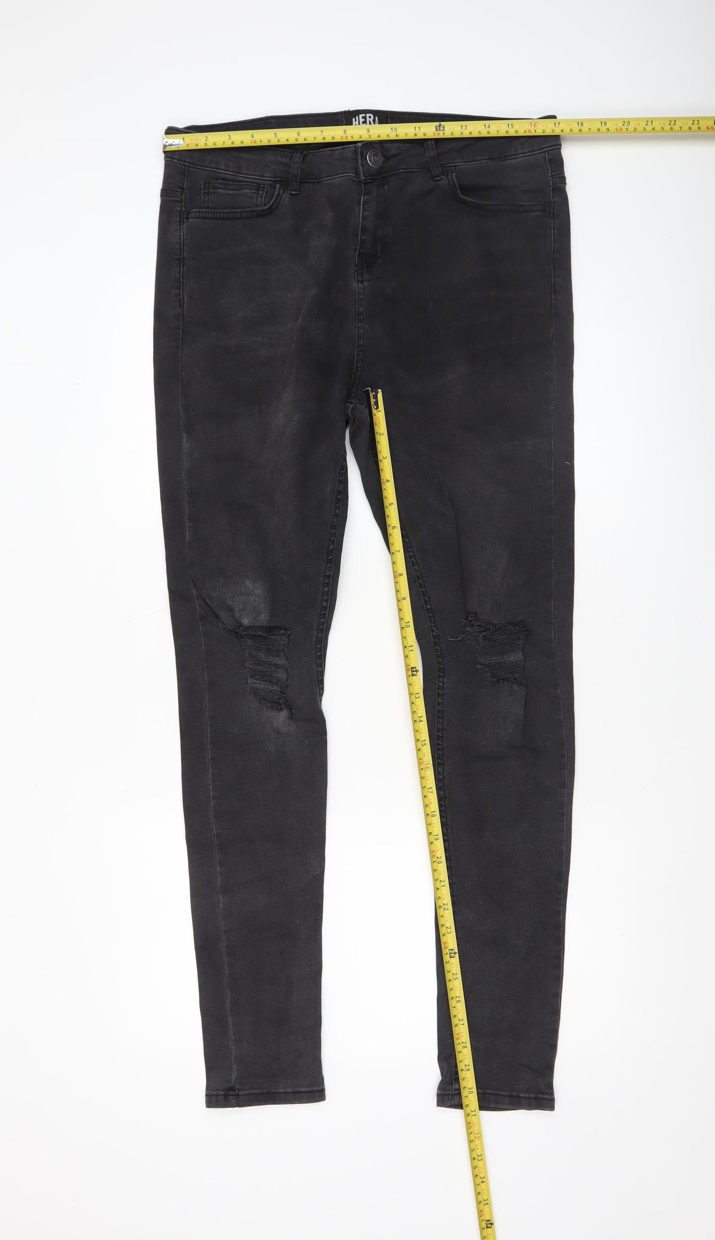 HERA Men's Black 34L Distressed Skinny Jeans Cotton Blend