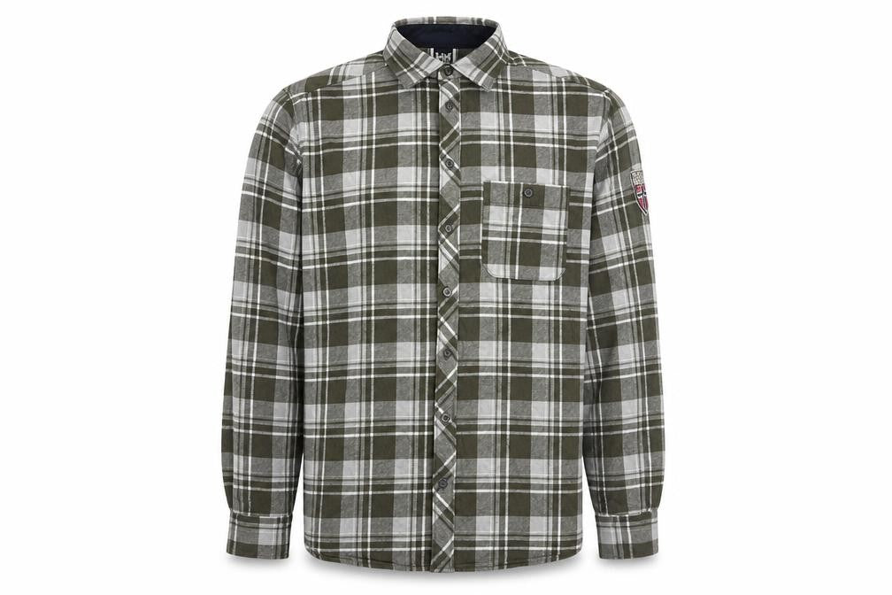 Front view of Helly Hansen Men's Green Check Flannel Long Sleeve Button-Up Shirt, size M