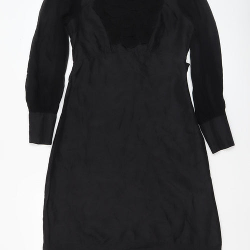 Monsoon Women Black Silk Shift Dress Size 8 Long Sleeve Knee Length