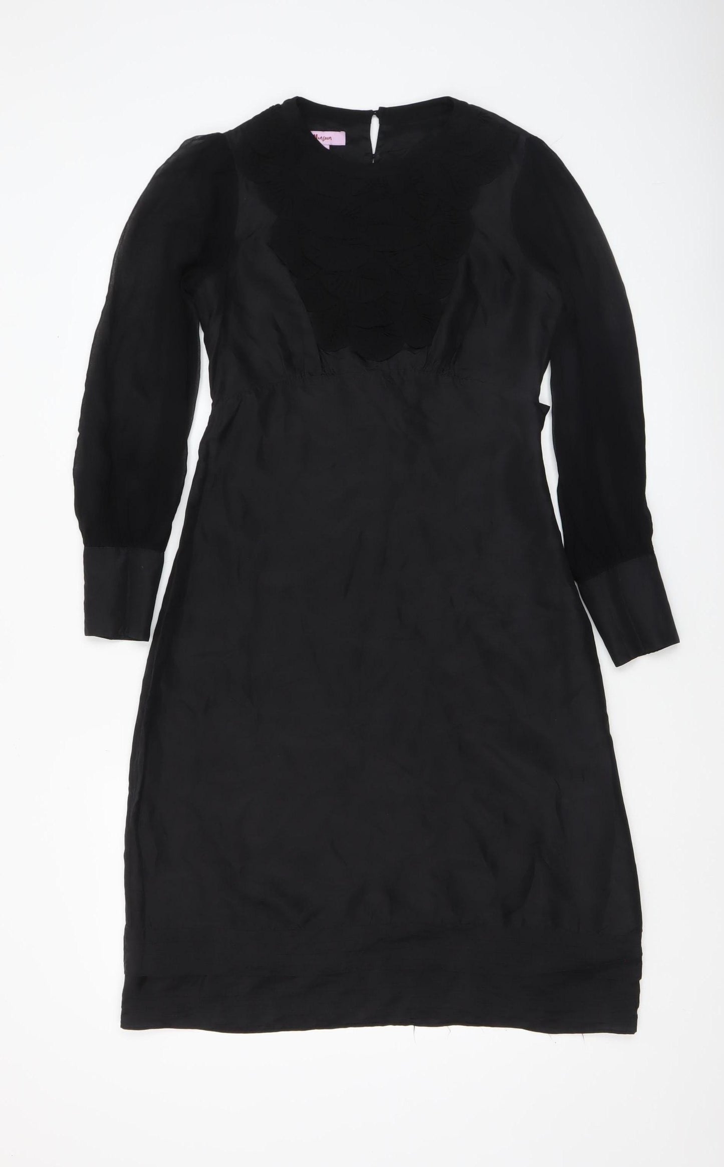 Monsoon Women Black Silk Shift Dress Size 8 Long Sleeve Knee Length