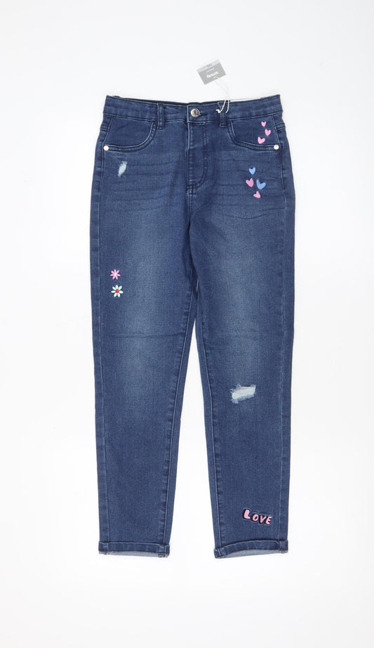 Sinsay Girls Blue Embroidered Skinny Jeans 10 Years Cotton Denim
