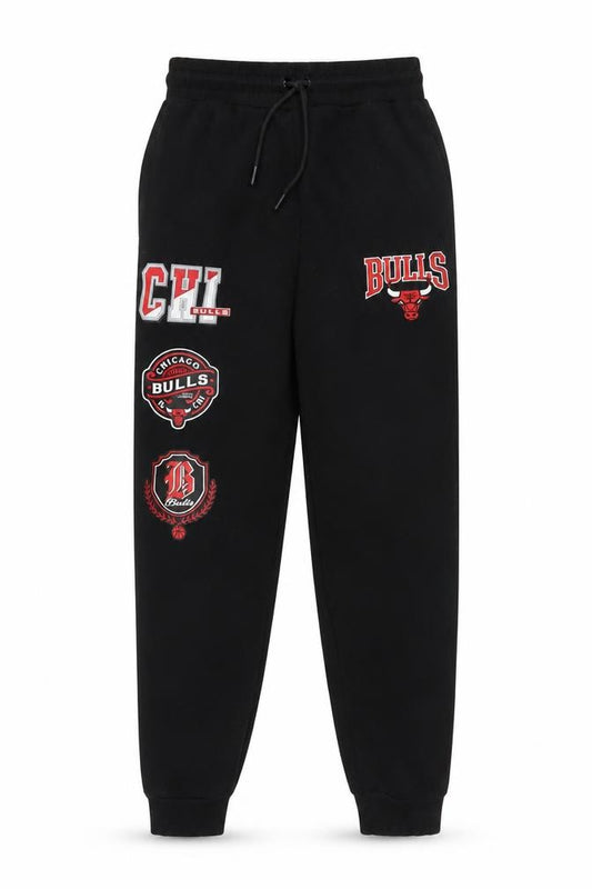 Front view of NBA boys’ black jogger sweatpants 11-12 years chicago bulls logo