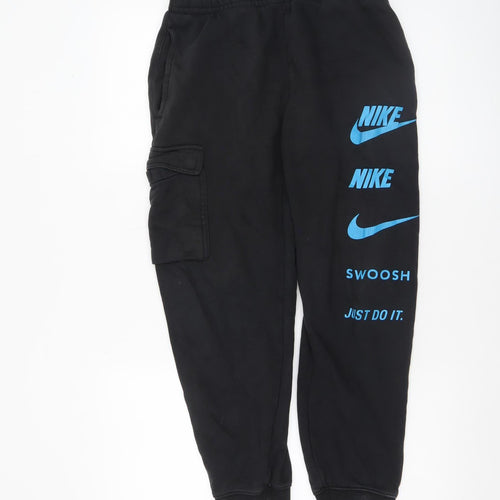 Nike Men’s Black Jogger Cargo Trousers S Small Logo Print Fleece