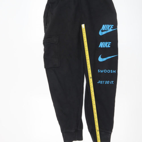 Nike Men’s Black Jogger Cargo Trousers S Small Logo Print Fleece