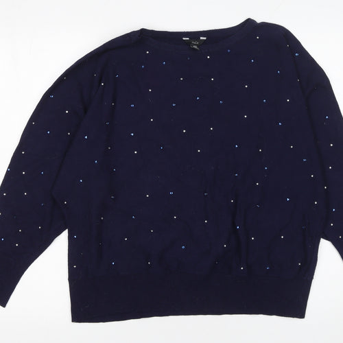 M&Co Women’s Blue Beaded Crew Neck Long Sleeve Jumper Size 18