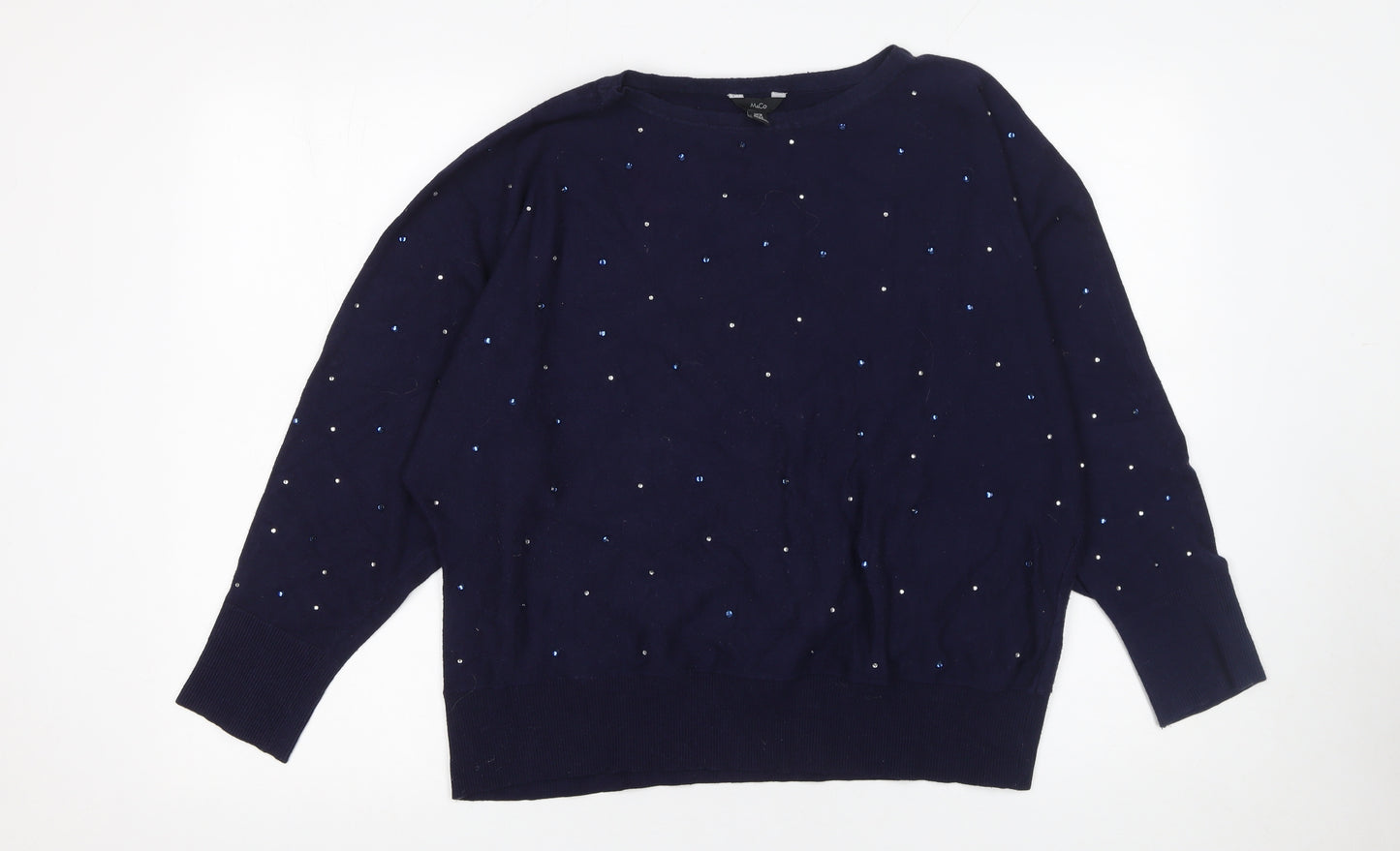 M&Co Women’s Blue Beaded Crew Neck Long Sleeve Jumper Size 18