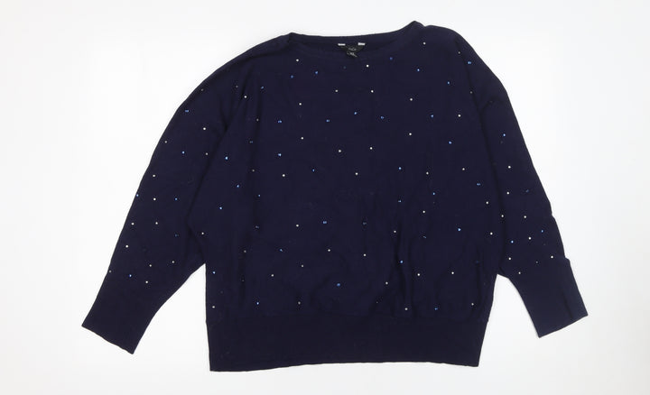 M&Co Women’s Blue Beaded Crew Neck Long Sleeve Jumper Size 18