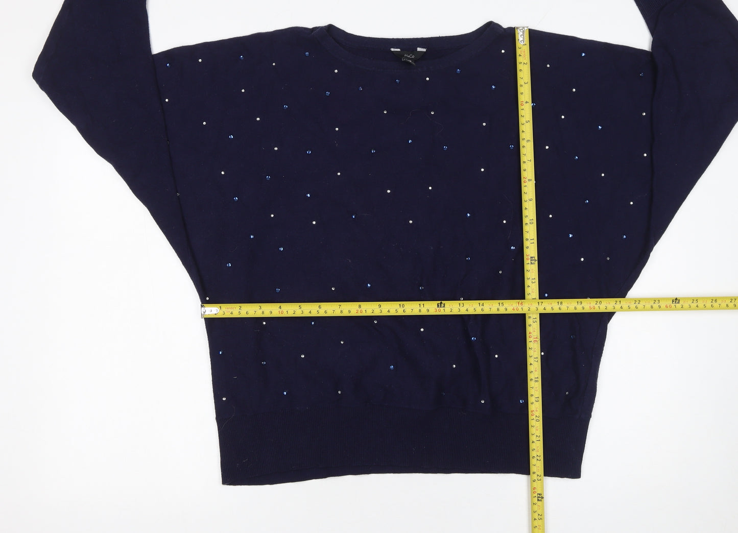 M&Co Women’s Blue Beaded Crew Neck Long Sleeve Jumper Size 18