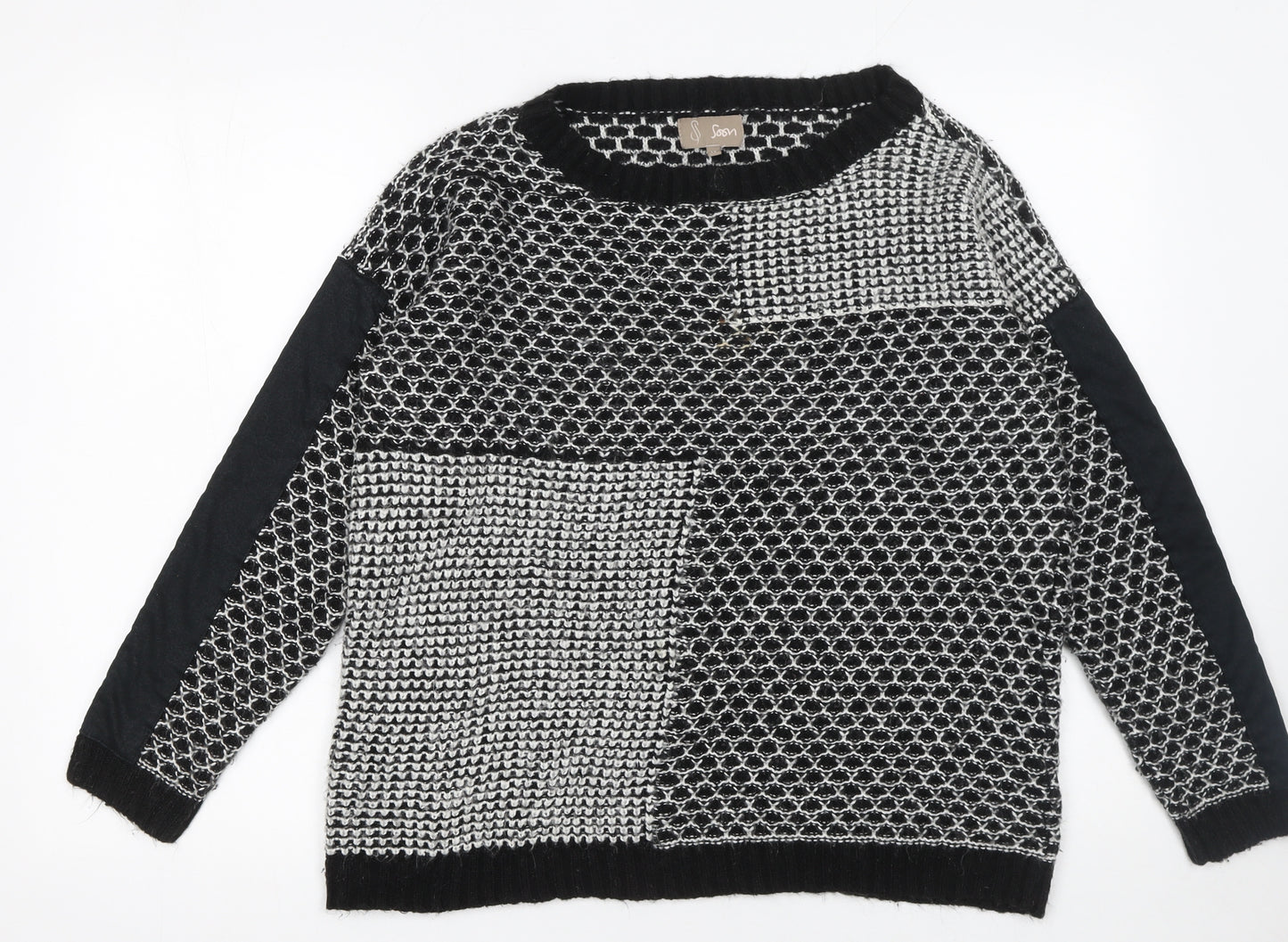 Soon Women's Black & White Patch Knit Jumper Size 14 Classic Style