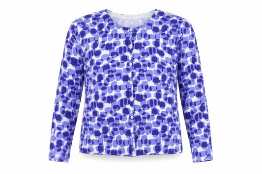 Front view of Linea Women’s Blue Geometric Lightweight Knit Cardigan, size L