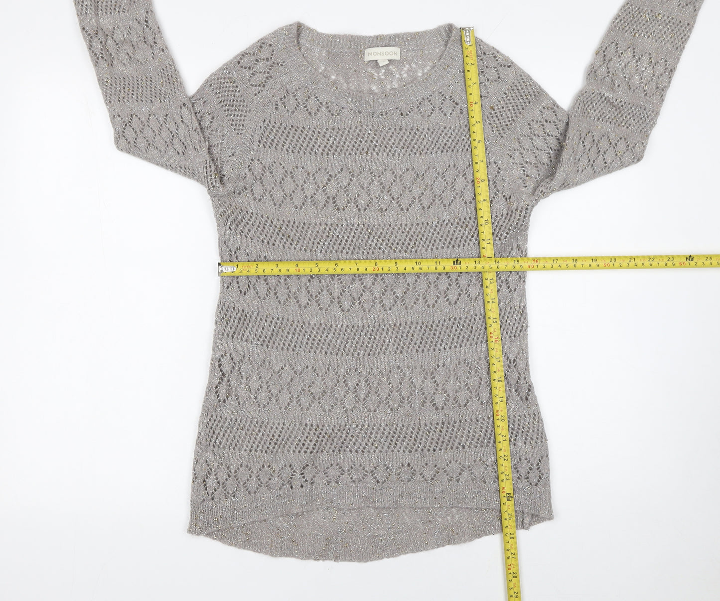 Monsoon Women’s Grey Open-Knit Metallic Pullover Jumper Size S
