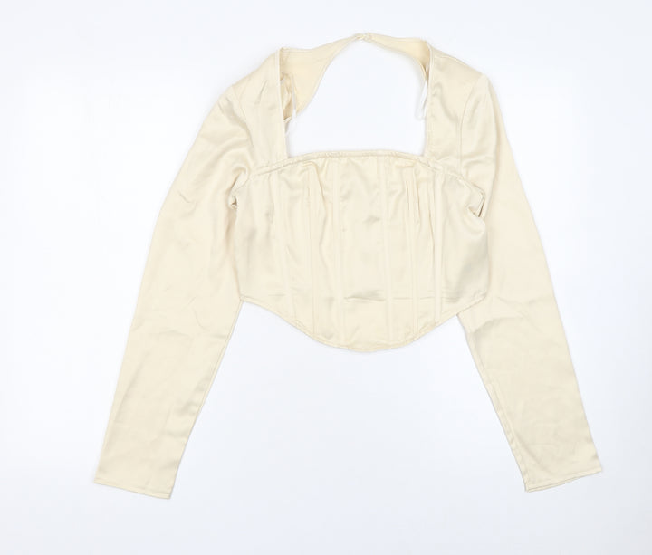 Missguided Women Ivory Cropped Satin Long Sleeve Blouse UK 10