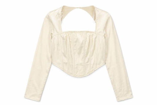 Front view of Missguided Women Ivory Cropped Satin Long Sleeve Blouse UK 10