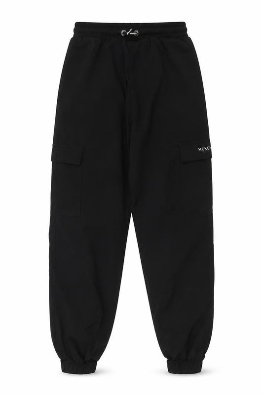 Front view of McKenzie boys’ black cargo trousers 14 years elastic waist joggers