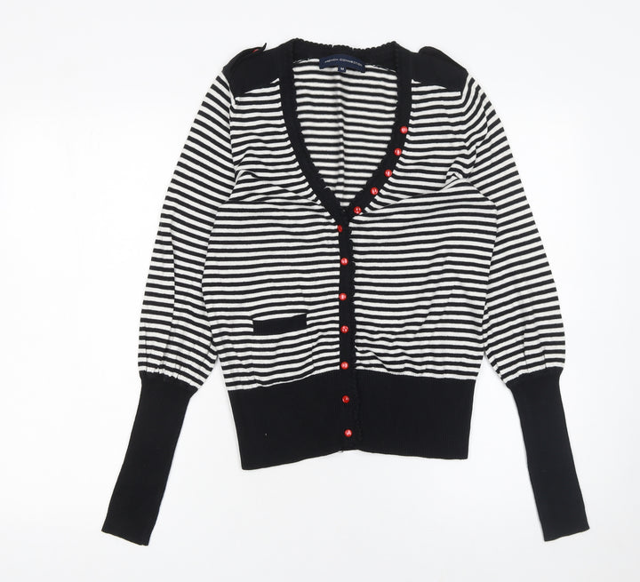 French Connection Womens Black White Striped Cardigan Medium Knit Long Sleeve