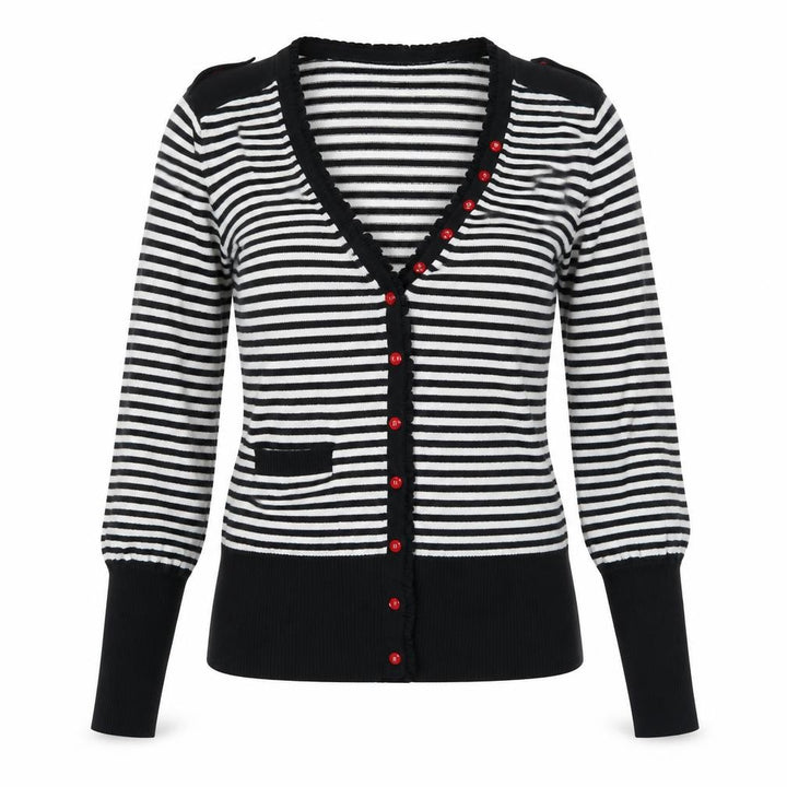 French Connection Womens Black White Striped Cardigan Medium Knit Long Sleeve