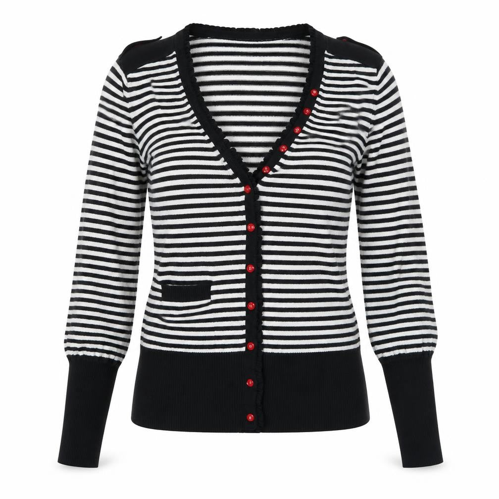 Front view of French Connection women’s black white striped cardigan medium knit long sleeve