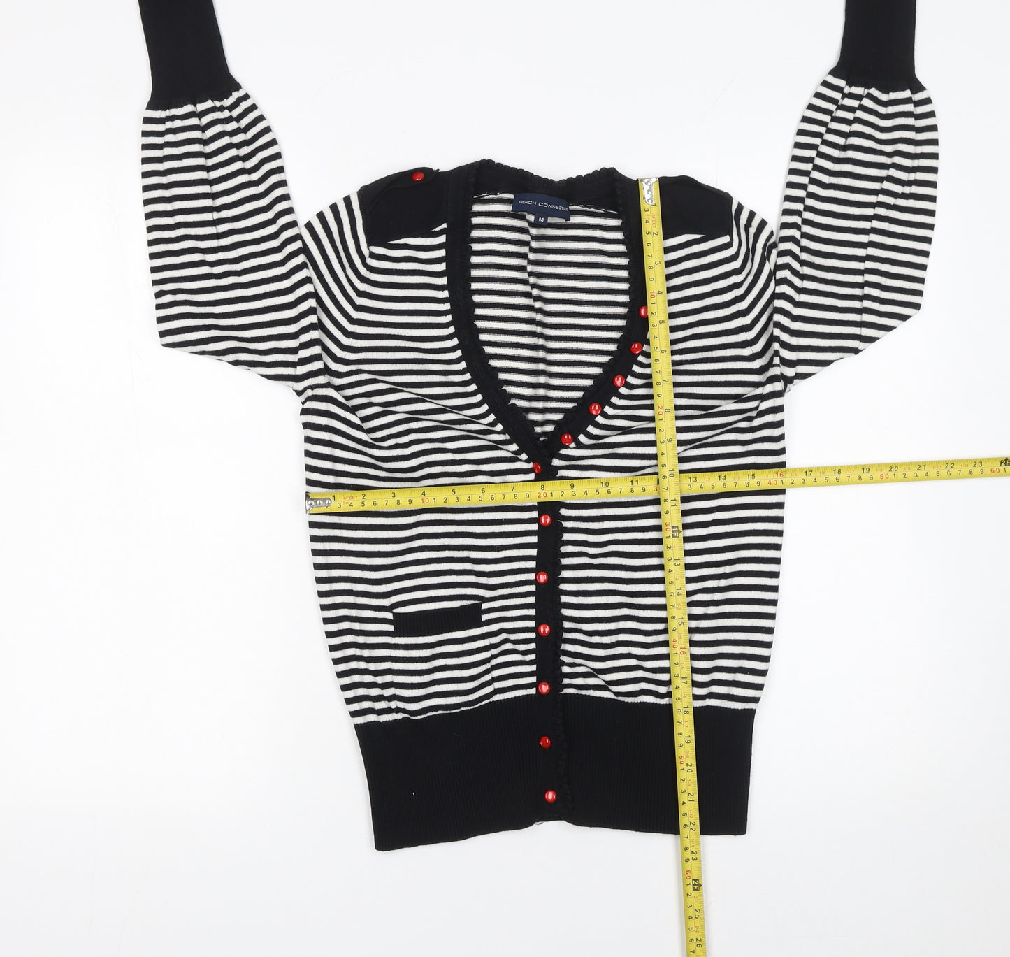 French Connection Womens Black White Striped Cardigan Medium Knit Long Sleeve