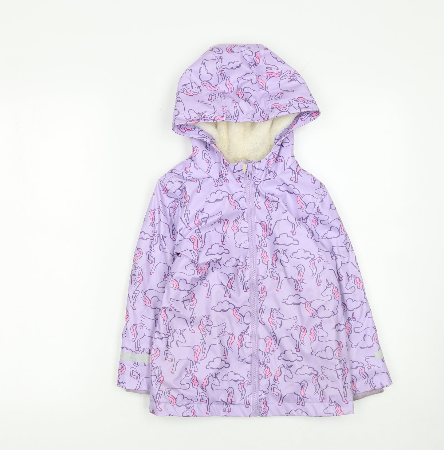 Marks and Spencer Girls Purple Unicorn Hooded Rain Coat 4-5 Years Waterproof Lined