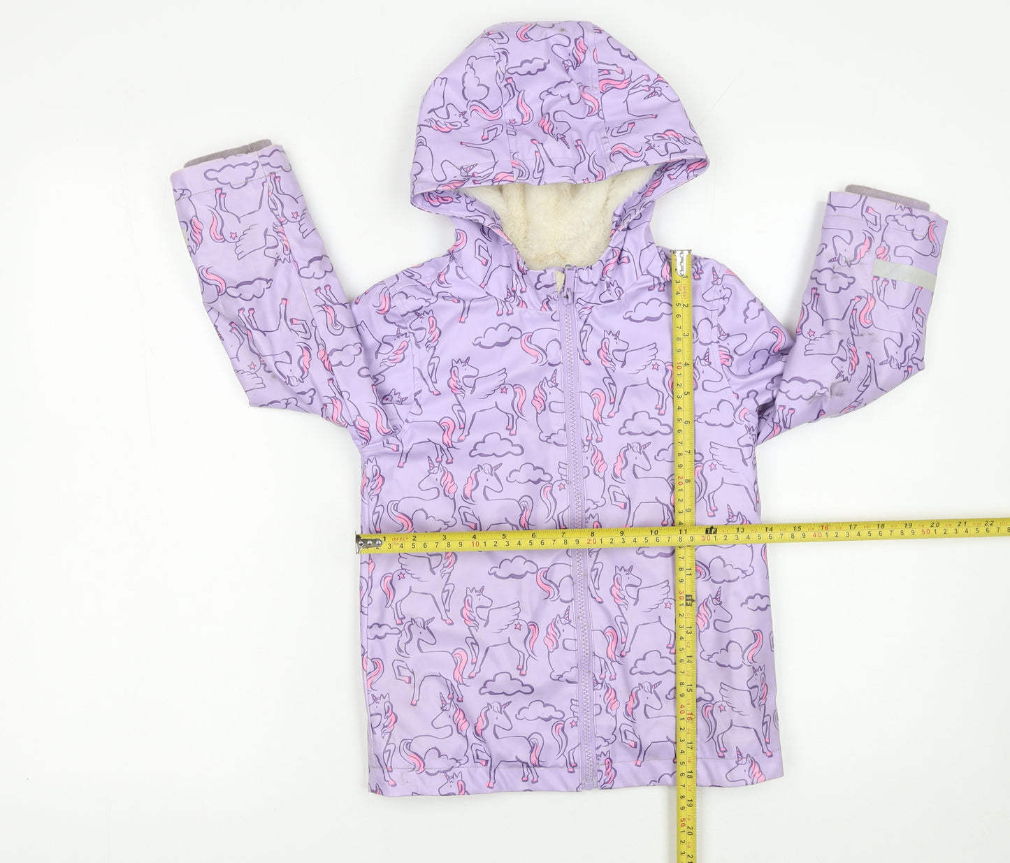 Marks and Spencer Girls Purple Unicorn Hooded Rain Coat 4-5 Years Waterproof Lined