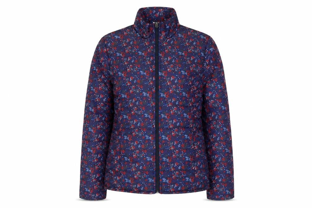 Front view of Anne de Lancay Women's Blue Floral Puffer Jacket, size M