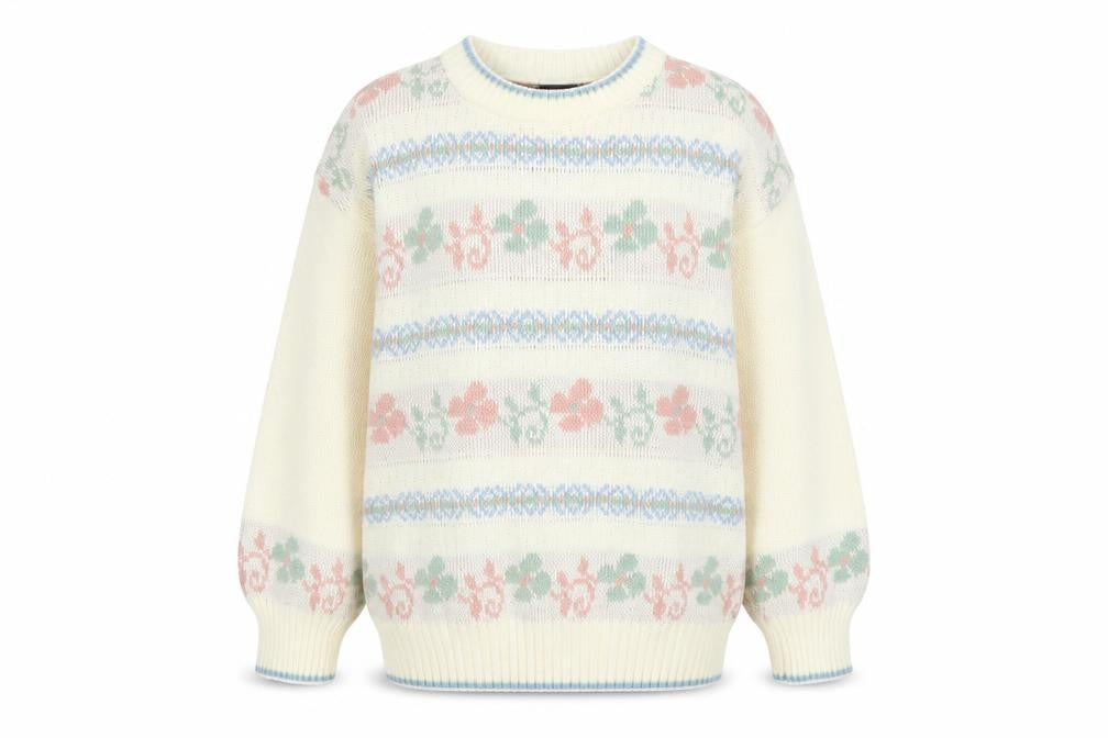 Front view of Amari Women’s Ivory Floral Knit jumper, size UK 10-12