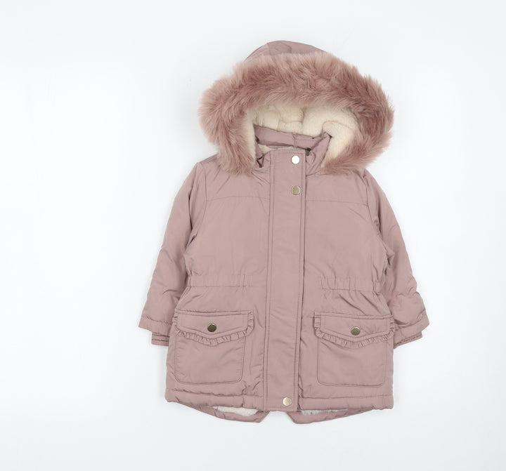 NEXT Girls Pink Faux Fur Hooded Winter Parka Coat 12-18 Months