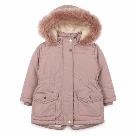 Front view of Next girls’ pink faux fur hooded winter parka coat 12-18 months