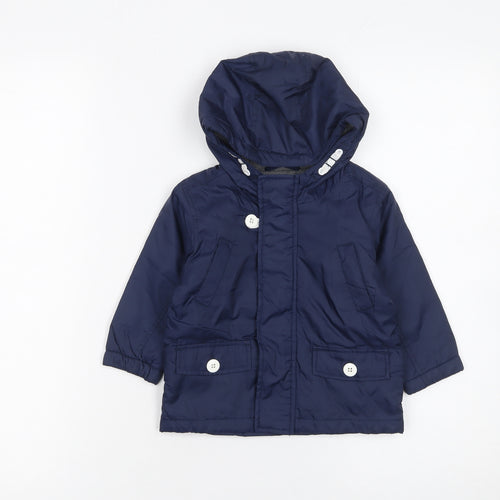 Next Unisex Baby Blue Hooded Nylon Parka Jacket 9-12 Months Lined Buttons