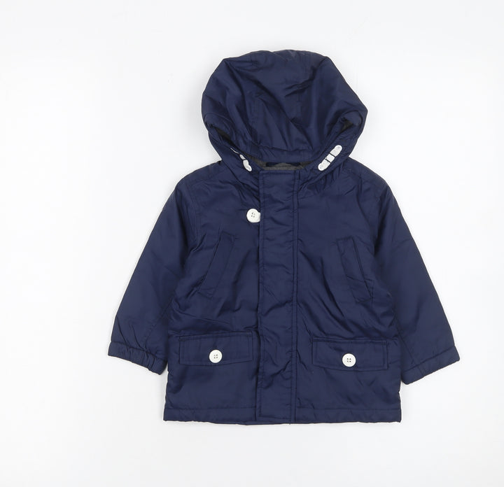Next Unisex Baby Blue Hooded Nylon Parka Jacket 9-12 Months Lined Buttons