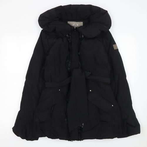 Covered Women Black Belted Puffer Coat Size 10 Winter Hooded Jacket