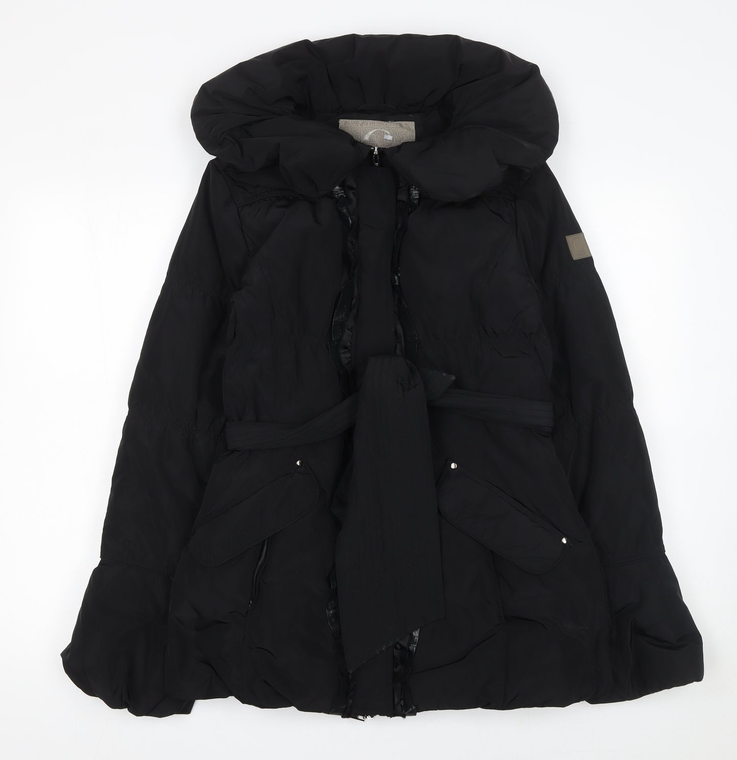 Covered Women Black Belted Puffer Coat Size 10 Winter Hooded Jacket