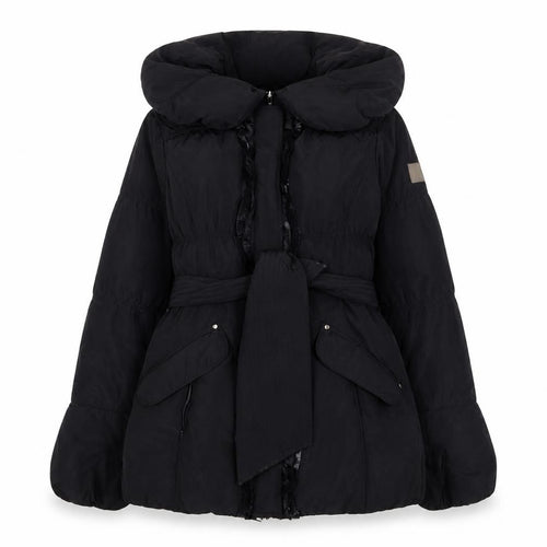 Covered Women Black Belted Puffer Coat Size 10 Winter Hooded Jacket