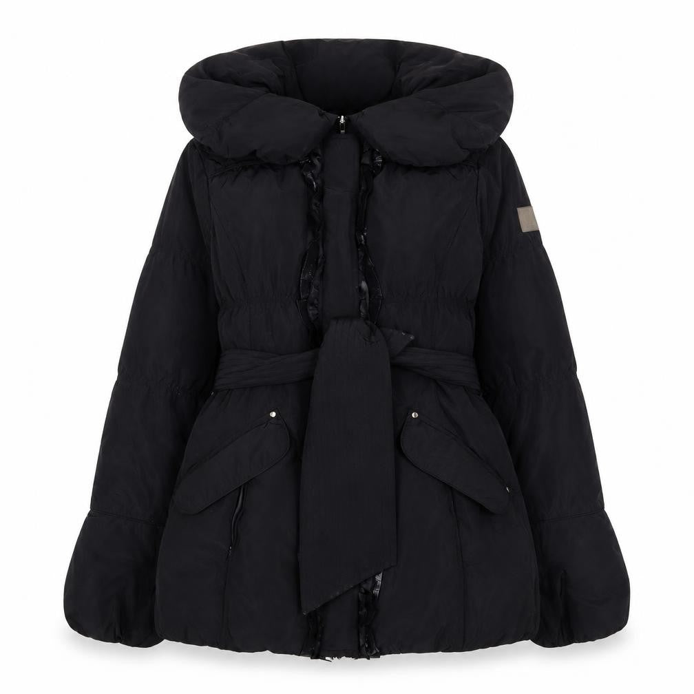 Covered Women Black Belted Puffer Coat Size 10 Winter Hooded Jacket