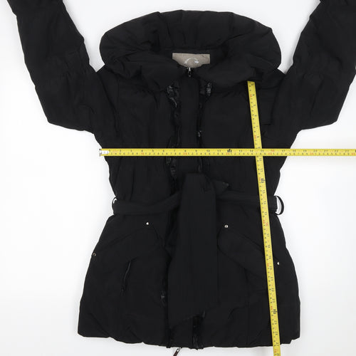 Covered Women Black Belted Puffer Coat Size 10 Winter Hooded Jacket